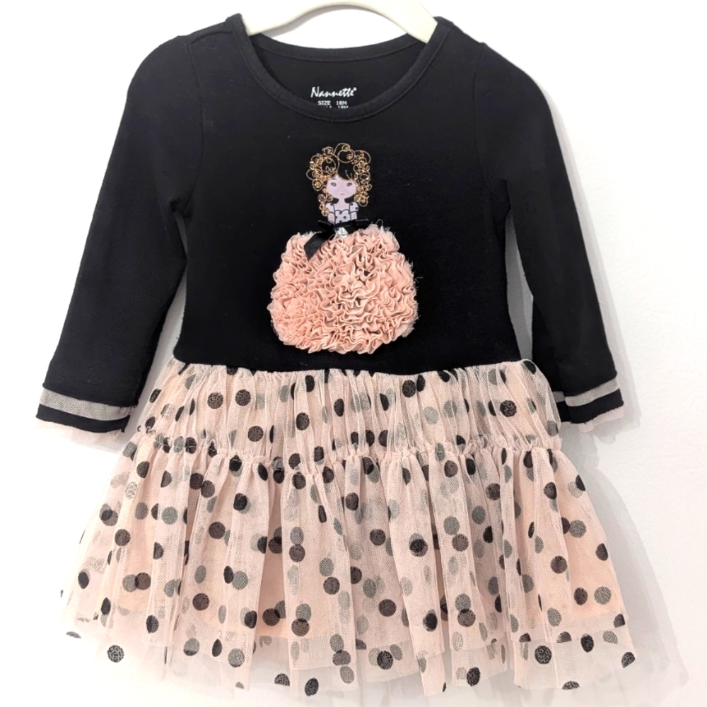 Nanette long sleeve black and peach polka dot tulle dress size 18 months